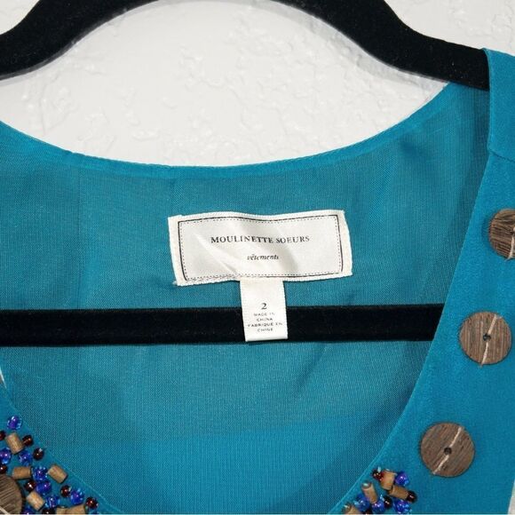 Moulinette Soeurs x Anthropologie Blue Island Nightfall Beaded Silk Dress Size 2 - Picture 2 of 9
